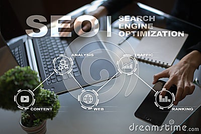 SEO. Search Engine optimization. Digital online marketing andInetrmet technology concept. Stock Photo