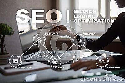 SEO. Search Engine optimization. Digital online marketing andInetrmet technology concept. Stock Photo