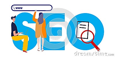 SEO search engine optimization. Illustration of man and woman optimize website visibility in search engine. Large text Vector Illustration