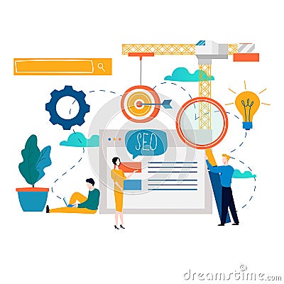 SEO, search engine optimization, keyword research, market research flat vector illustration. SEO concept. Web site coding, interne Vector Illustration