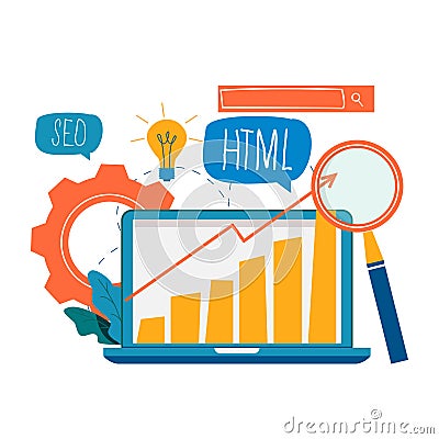 SEO, search engine optimization, keyword research, web site analytics service flat vector illustration. SEO concept. Web site codi Vector Illustration