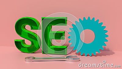SEO Search Engine Optimization text on table background with gear and wrench. 3d rendering Cartoon Illustration