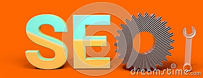 SEO Search Engine Optimization text on table background with gear and wrench. 3d rendering Cartoon Illustration