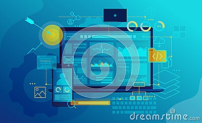 SEO software interface flat vector illustration. Search engine optimization program GUI design. Analytical charts and Vector Illustration