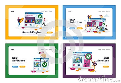 Seo Solutions, Business Data Analysis Landing Page Template Set. Tiny Characters Research Marketing Strategy, Analyzing Vector Illustration