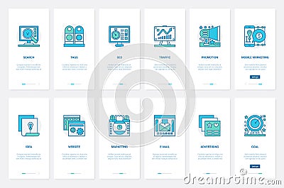 Seo, tag, web traffic internet promotion UX, UI onboarding mobile app page screen set Vector Illustration