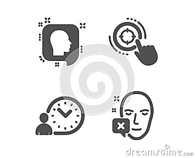 Seo target, Head and Time management icons. Face declined sign. Click aim, Profile messages, Work time. Vector Vector Illustration