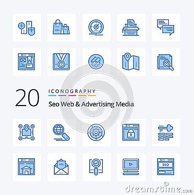 20 Seo Web And Advertising Media Blue Color icon Pack like web login search process setup Vector Illustration