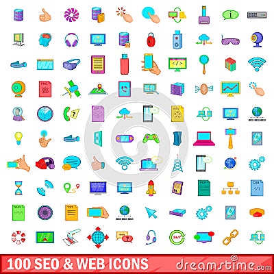 100 seo and web icons set, cartoon style Vector Illustration