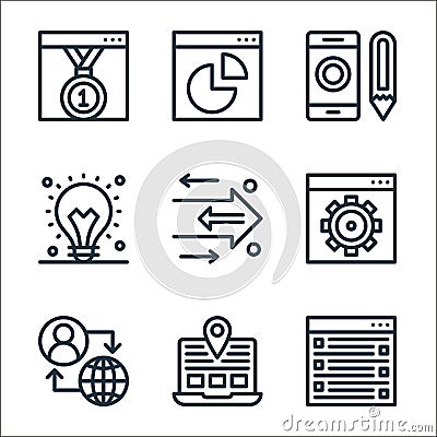 seo and web line icons. linear set. quality vector line set such as web programming, laptop, internet, cogwheel, arrow right, idea Vector Illustration