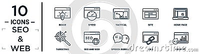 seo.&.web linear icon set. includes thin line image, tactical, home page, seo and web, link, graphic, targeting icons for report, Vector Illustration