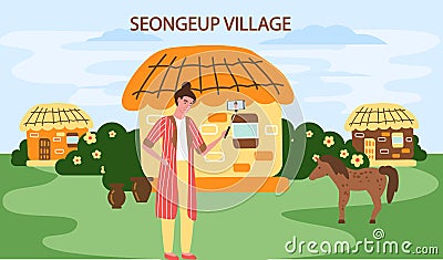 Seongeup village famous landmark of Jeju Island in south Korea. Thatched house, traditional hut Vector Illustration