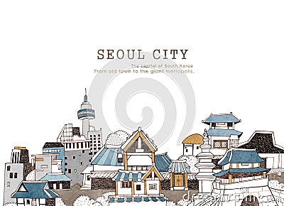 Seoul city and Korean architecture Cartoon Illustration