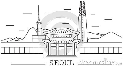 Seoul city main attractions, mountains and buildings Vector Illustration