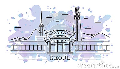 Seoul city, line art with watercolor splash Vector Illustration