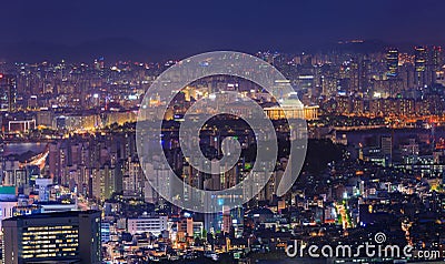 Seoul city at night wiht han river Stock Photo