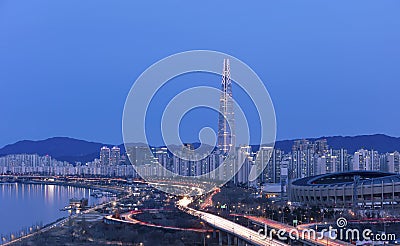 Seoul City at nightt and han river South Korea. Stock Photo