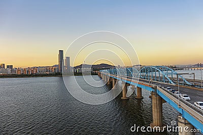 Seoul City Skyline and Han river with seoul tower at Dongjak bridge in Seoul South Korea Stock Photo