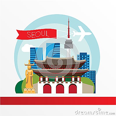 Seoul, detailed silhouette. Trendy vector illustration, flat style. Stylish colorful landmarks. Gwanghwamun - The symbol of South Vector Illustration