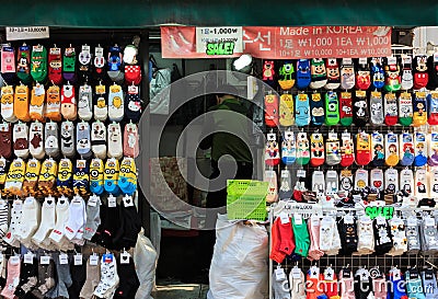 Seoul,Korea-24 APR 2019: colorful socks display on street small shop Editorial Stock Photo