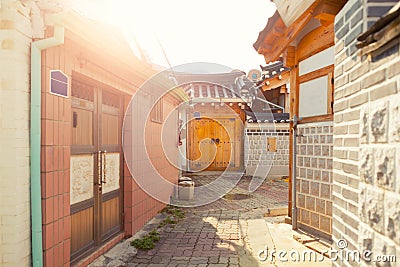 SEOUL, KOREA - AUGUST 09, 2015: Unique houses at Seochon Hanok Village resedential area - Seoul, South Korea Editorial Stock Photo