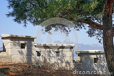 Ity fortress wall, pine trees, mountain view. Editorial Stock Photo