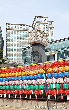 Jogyesa Temple, a Buddhist monastery. Stone statue with dragons Editorial Stock Photo