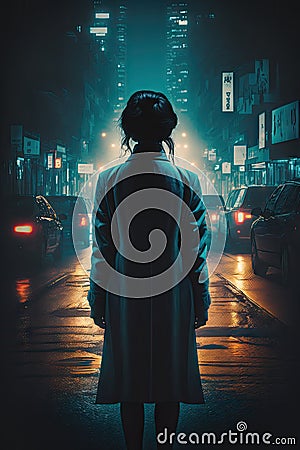 Seoul's night view, the back of a person standing far away in the middle of the road Stock Photo