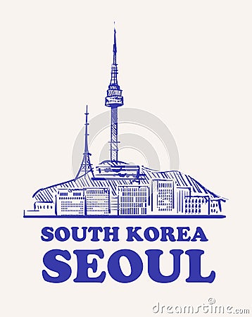 Seoul sketch skyline. Seoul hand drawn vector illustration. Isolated on white background. Vector Illustration