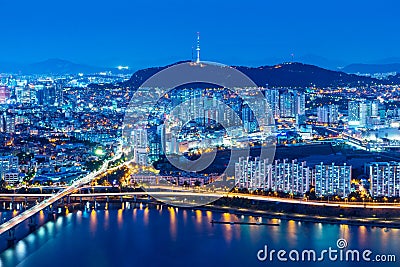 Seoul skyline from peak Stock Photo