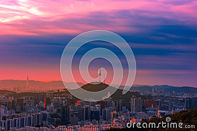 Seoul skyline on a perfect day with a focus on Central Business District while parts of Gangnam Business District Stock Photo