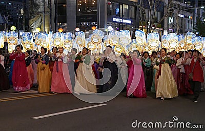 Seoul, South Korea-April 29, 2017: Performers take part in a lantern parade to celebrate Buddha`s birthday Editorial Stock Photo