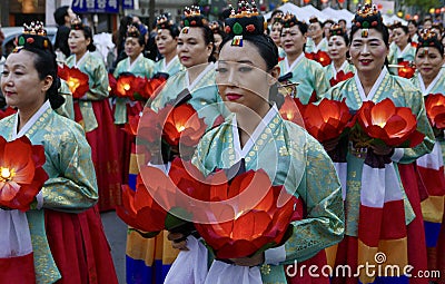 Seoul, South Korea-April 29, 2017: Performers take part in a lantern parade to celebrate Buddha`s birthday Editorial Stock Photo