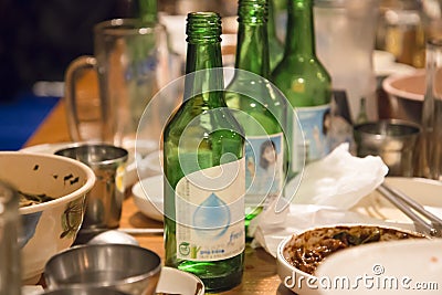 Seoul, South Korea - 1 December 2018: soju pouring from bottle into glass at the party in korea Editorial Stock Photo