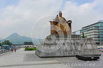 Seoul, South Korea - July 25, 2021: Statue of Sejong the Great, located at the Sejongno, Gwanghwamun Plaza in central Seoul. One Editorial Stock Photo