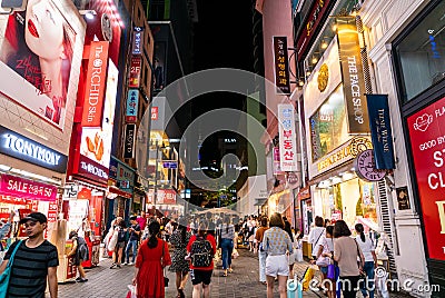 Seoul, South Korea - 30 June, 2018 : Crowded night market in Myeongdong, the most popular shopping district for local and tourist Editorial Stock Photo