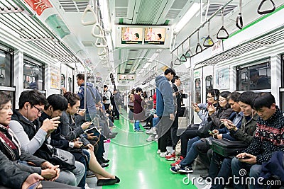 Inside view of Metropolitan Subway in Seoul, one of the most heavily used underground system in the world at Seoul, South Korea. Editorial Stock Photo