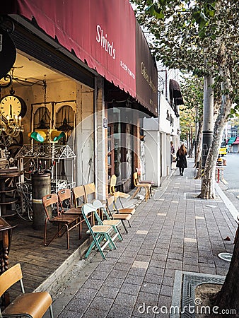 Small shops selling antique in Itaewon ANtique street Editorial Stock Photo