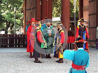 Colorful ceremony of the changing of the Royal Guard at Deoksugung Palace in Seoul Editorial Stock Photo