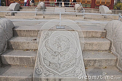 SEOUL, SOUTH KOREA - OCTOBER 26, 2022: Dragon symbol of stone of the traditional ancient old wooden Junghwajeon Hall of Deoksugung Editorial Stock Photo