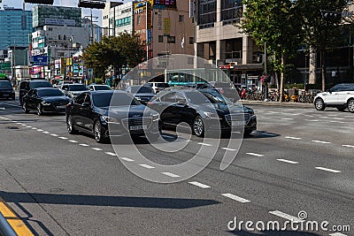 Seoul, South Korea - October 19, 2019: Luxury south korean cars. Busy intersection in the Yeongdeungpo area. Editorial Stock Photo