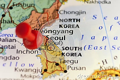 Seoul South Korea, red pin on capitol Stock Photo