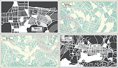 Seoul, Suwon, Yongin and Yeosu South Korea City Maps Set in Retro Style Stock Photo