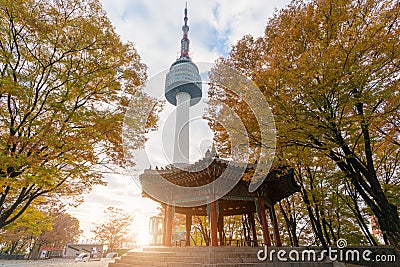 Seoul Tower with yellow and red autumn maple leaves at Namsan mo Stock Photo