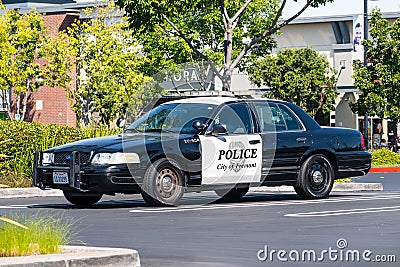 Sep 19, 2019 Fremont / CA / USA - Old fashioned City of Fremont Police Car parked at an outdoor mall in East San Francisco Bay Editorial Stock Photo