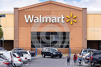 Sep 16, 2019 Fremont / CA / USA - Walmart store facade displaying the Company`s logo, East San Francisco bay area Editorial Stock Photo