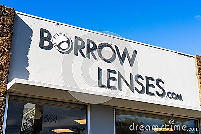 Sep 25, 2019 San Carlos / CA / USA - BorrowLenses sign at the renting office in San Francisco Bay Area; BorrowLenses, is a rental Editorial Stock Photo