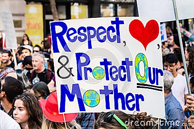 Sep 20, 2019 San Francisco / CA / USA - Respect & protect our mother placard raised at the Global Youth Climate Strike Rally and Editorial Stock Photo