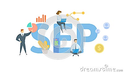 SEP, Simplified Employee Pension. Concept with keywords, people and icons. Flat vector illustration. Isolated on white. Vector Illustration