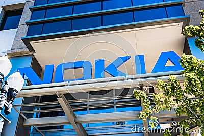 Sep 23, 2019 Sunnyvale / CA / USA - Nokia sign at their office building in Silicon Valley; Nokia Corporation is a Finnish Editorial Stock Photo